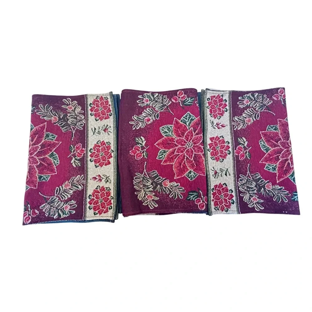Christmas vintage Poinsettia Tapestry Table Runner & Placemats Set Red Burgundy